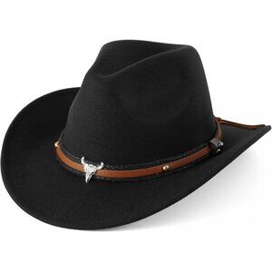 DOCILA Unisex Western Cowboy Fedora Hat Faux Felt Wide Brim w/ Strap for Outdoor